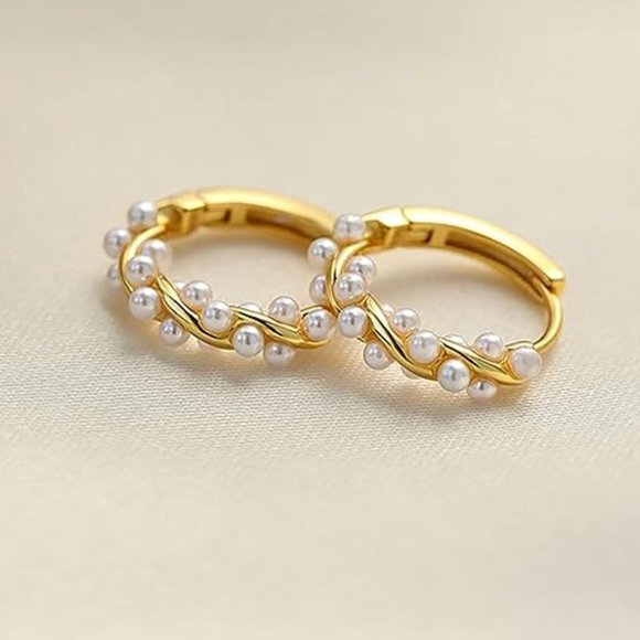 Silver Pearl Twist Vines Hoops Pretty Wedding Little Hoop Earrings Pearls New - Picture 8 of 8